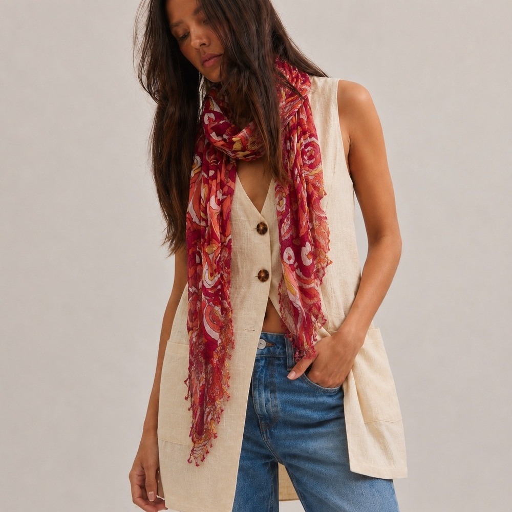 Loft Mod Swirl Abstract Wrap Scarf Womens‎ Red Pink Y2K Boho Chic Summer Resort